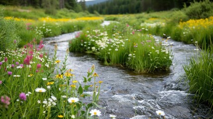 Wall Mural - A river with a lot of flowers on the banks. The water is clear and the flowers are in full bloom