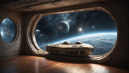 A lone voyager gazes upon distant worlds from his spacecrafts window