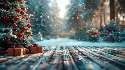 Wall Mural - a christmas background with a wooden table and chistmas decoration