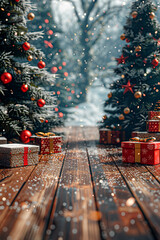 Wall Mural - a christmas background with a wooden table and chistmas decoration