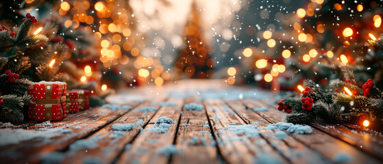 Wall Mural - a christmas background with a wooden table and chistmas decoration