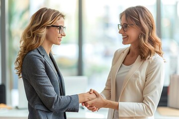 Wall Mural - Two beautiful business professionals with eyeglasses are confidently shaking hands during a successful interview, looking determined and focused. Smiling as they discuss law, employment