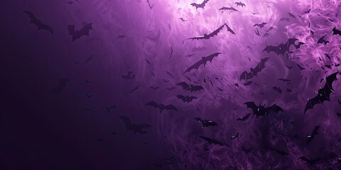 Wall Mural - A swarm of bats flying against a purple foggy background, creating a dark and mysterious Halloween atmosphere. The varying sizes of the bats add depth and motion to the eerie scene.