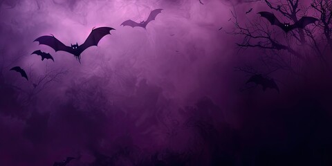 Wall Mural - Bats in flight silhouetted against a purple mist, giving a spooky and atmospheric effect. The dense swarm of bats creates a sense of Halloween night, filled with mystery and suspense.