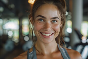 Poster - A fit muscular female personal trainer smiling at the camera in a gym, close up