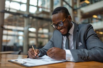 Fototapete - Beautiful businessman in eyeglasses smiling and laughing while filling out a customer survey form in an office, looking attentively at the questionnaire.