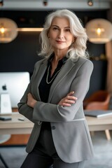 Sticker - A woman in a gray jacket and black shirt stands in front of a desk with a computer monitor