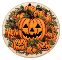 Poster - PNG Halloween in embroidery style pattern anthropomorphic jack-o'-lantern.