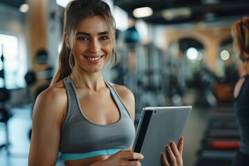 Poster - A fit muscular female personal trainer smiling at the camera in a gym, close up