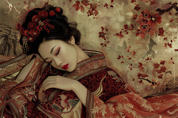 Wall Mural - A woman in a red dress is sleeping on a bed