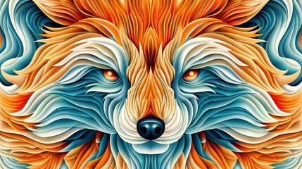 Wall Mural -   A detailed painting of a fox's face on a vibrant canvas of blue, orange, and yellow hues