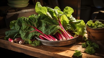 Wall Mural - A rustic wooden table with a metal bowl filled with fresh, vibrant Swiss chard leaves and stalks. 