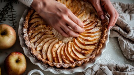 A person adding the final slices of apples to complete a beautifully arranged tart, focusing on the attention to detail and the elegance of the homemade dessert.