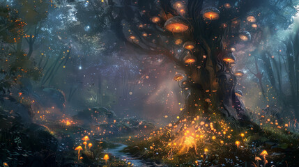 Canvas Print - A forest scene with glowing mushrooms and a tree