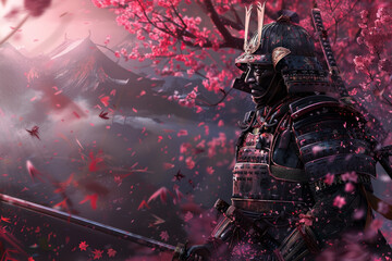 A man in a samurai costume is standing in front of a tree with pink flowers