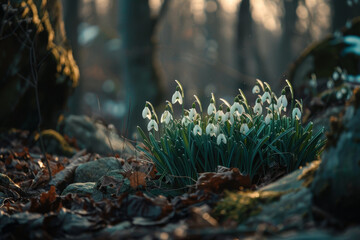 Canvas Print - A bunch of white flowers are growing in the woods