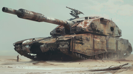 A large, rusted tank is shown in a desert setting