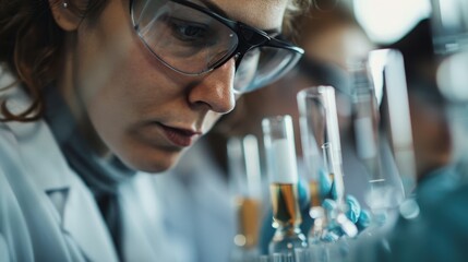Wall Mural - a team of researchers dressed in white lab coats are closely examining a set of test tubes, represen