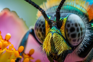 A close up of a bug's face with a yellow and green fuzzy nose