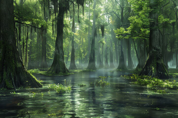 Sticker - A lush green forest with a body of water in the foreground