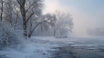 Canvas Print - A snowy landscape with trees and a lake