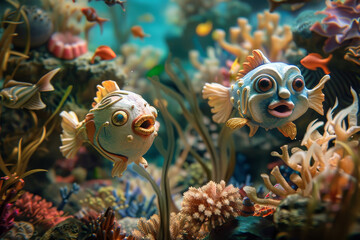 Sticker - Two fish with big eyes and mouths are swimming in a colorful coral reef