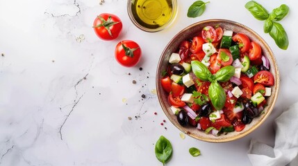 Poster - Healthy vegan Mediterranean salad on white table with copy space