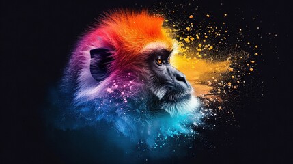 Canvas Print - a monkey with a multi-colored mane is shown against a black background with yellow, red, and blue hi