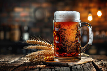 Sticker - A mug of beer sits on a wooden table next to some wheat