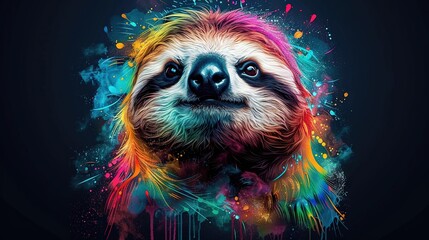 Wall Mural -   A vibrant portrayal of a sloth adorned in multicolored splatters against a dark backdrop