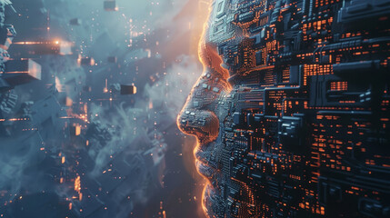 Wall Mural - A computer generated face with a city in the background