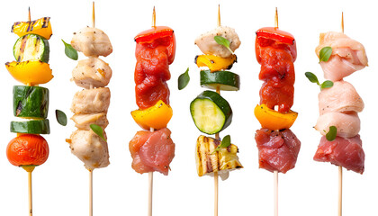 Wall Mural - skewers, including chicken and vegetable, Isolated on white background