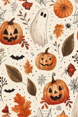 Sticker - Watercolor Halloween Pattern with Pumpkins, Ghosts, Bats, and Leaves