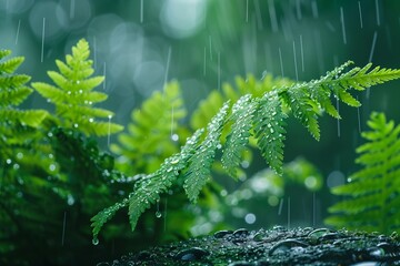 Wall Mural - This professional photograph captures a small fern being showered by rain, with droplets collecting on each frond. A misty background enhances the lush green of the plant, creating a serene atmosphere