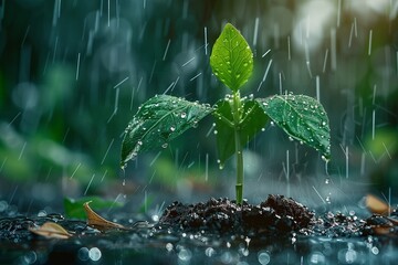 Wall Mural - This professional photograph captures a small fern being showered by rain, with droplets collecting on each frond. A misty background enhances the lush green of the plant, creating a serene atmosphere