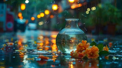 Wall Mural - A vase with flowers is sitting in a puddle of water