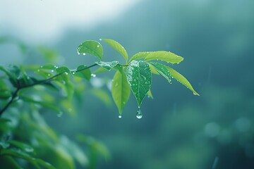 Wall Mural - This professional photograph captures a small fern being showered by rain, with droplets collecting on each frond. A misty background enhances the lush green of the plant, creating a serene atmosphere