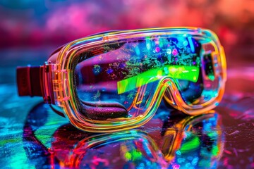 Wall Mural - colorful protective goggles with rainbow reflection on wet surface evoking a sense of safety and vib