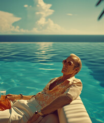 an older couple sitting at an outdoor cafe, rich man dressed in casual clothes and wearing sun glasses lounging at the pool,