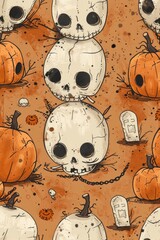 Sticker - Cute Skulls and Pumpkins Halloween Seamless Pattern