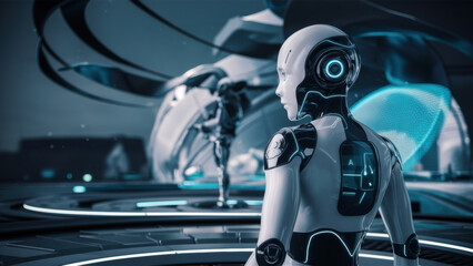 A futuristic robot standing in a circular room with lights, AI