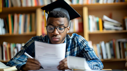 Young professional with student loan debt paperwork, education debt concept