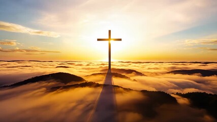 Wall Mural - Cross on mountain at sunrise with clouds