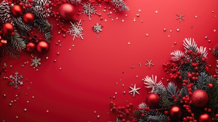 Wall Mural - Christmas and New Year Celebration on festive red background with holiday decorations Festive holiday display for advertising