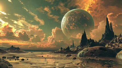 A digital artwork depicting an imagined extraterrestrial landscape, blending creativity with scientific concepts