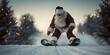 © Sebastian - Santa Claus Snowboarding On A Snowy Slope At Dusk, Surrounded By Illuminated Trees.