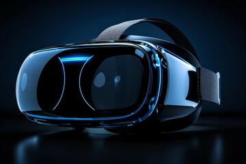 Poster - Futuristic VR Headset with Purple and Blue Glow in Dark Setting Emphasizing Advanced Virtual Reality Technology and Immersive Experiences