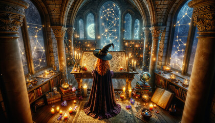 Ancient sorceress practices alchemy in a fantasy library with glowing orbs and enchanted books under a starry night sky, surrounded by a mystical ambiance