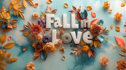 Wall Mural - Fall in love text with flowers and autumn leaves on a soft background, conveying a cozy and romantic atmosphere, ideal for seasonal greetings and fall-themed designs