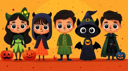 Poster - Cute Cartoon Kids in Halloween Costumes with Pumpkins